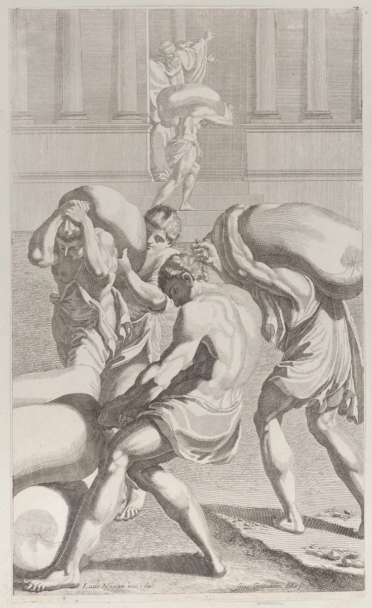 Men bringing bags of lead into Saint Benedict's monastery by Giacomo-Maria Giovannini, print, 1687-1717