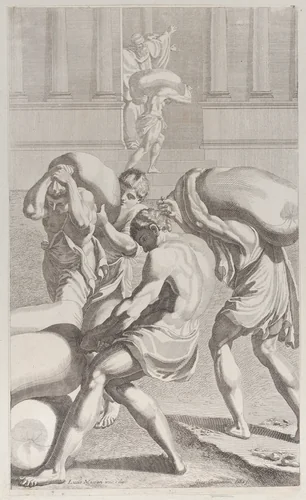 Men bringing bags of lead into Saint Benedict's monastery by Giacomo-Maria Giovannini, print, 1687-1717