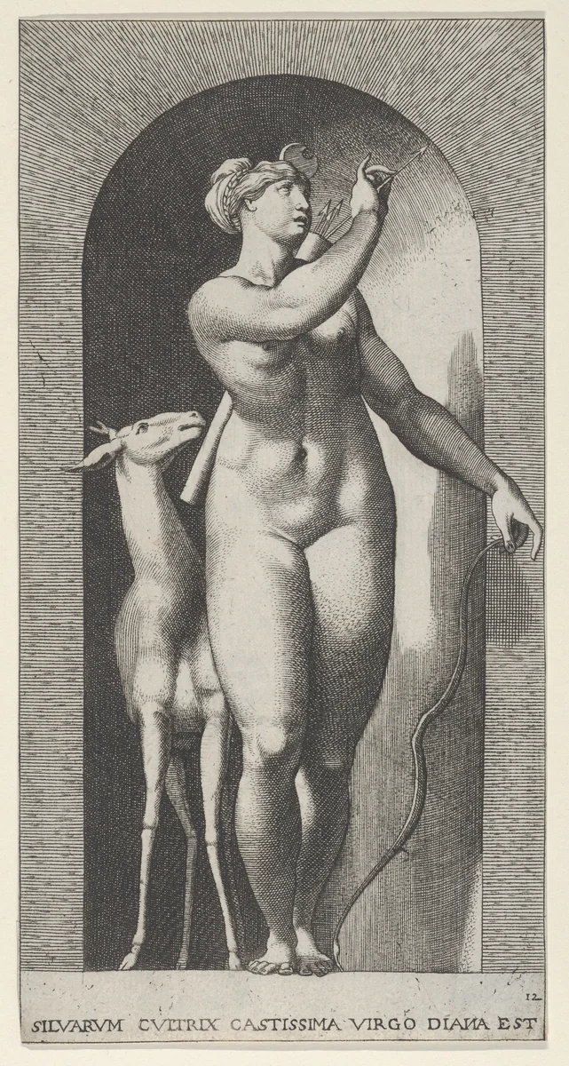 Plate 12: Diana standing in a niche, twisting to her left and pulling an arrow out of a quiver, with a deer to her right, from "Mythological Gods and Goddesses" by Giovanni Jacopo Caraglio, print, 1526