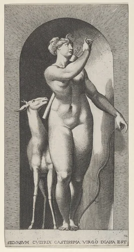 Plate 12: Diana standing in a niche, twisting to her left and pulling an arrow out of a quiver, with a deer to her right, from "Mythological Gods and Goddesses" by Giovanni Jacopo Caraglio, print, 1526