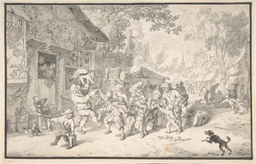 An Itinerant Peddler in a Village by Cornelis Dusart, drawing, 1693