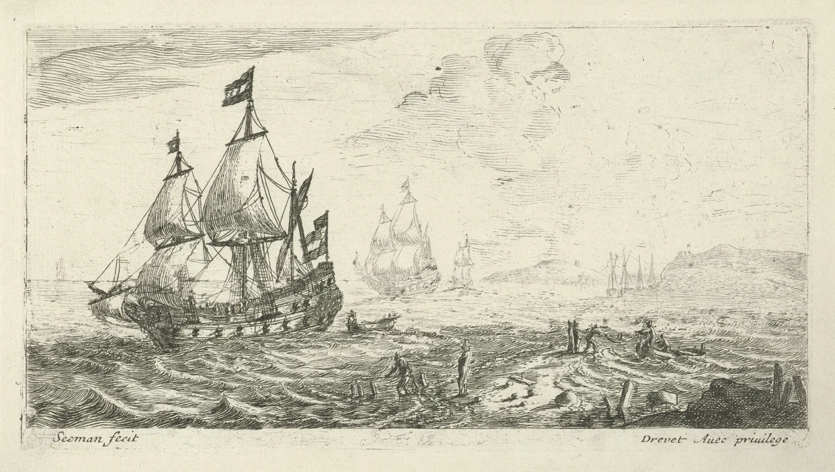 Schepen voor een kust by anonymous, print, 1650-1738