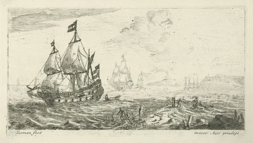Schepen voor een kust by anonymous, print, 1650-1738