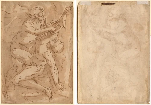 Apollo Flaying Marsyas (recto) Two Sketches of a Mother and Child (verso) by anonymous, drawing, 1500-1599