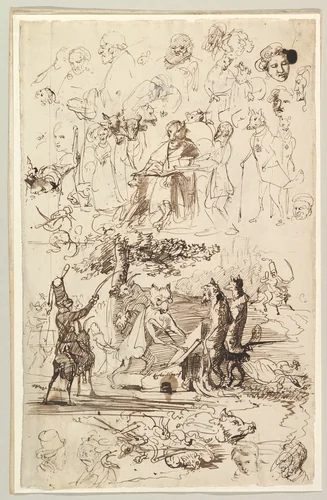 Sheet of Studies, Including for Reineke Fuchs; verso: Studies of Soldiers and of a Battle in a Wood by Wilhelm von Kaulbach, drawing, 1825-1874
