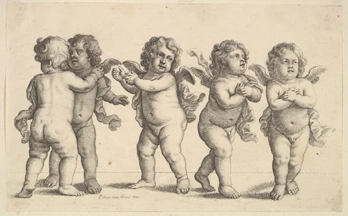 Four cherubs and a small boy standing by Wenceslaus Hollar, print, 1646