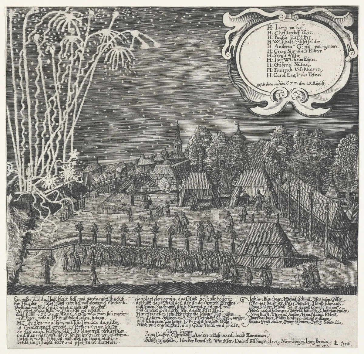 Fireworks display given by the Archery Company of Nuremberg, August 27, 1657 by Lukas Schnitzer, print, 1657