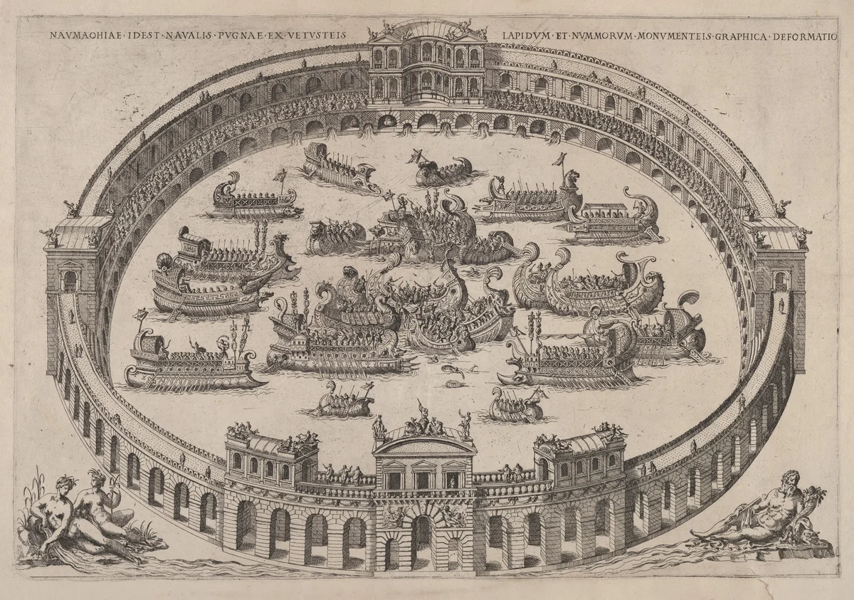 Naval engagement set inside a Roman arena, with the river Tiber and nymphs at lower left and right by Etienne DuPérac, print, 1577-1585
