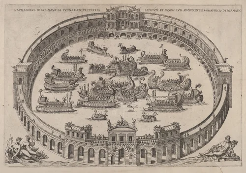 Naval engagement set inside a Roman arena, with the river Tiber and nymphs at lower left and right by Etienne DuPérac, print, 1577-1585