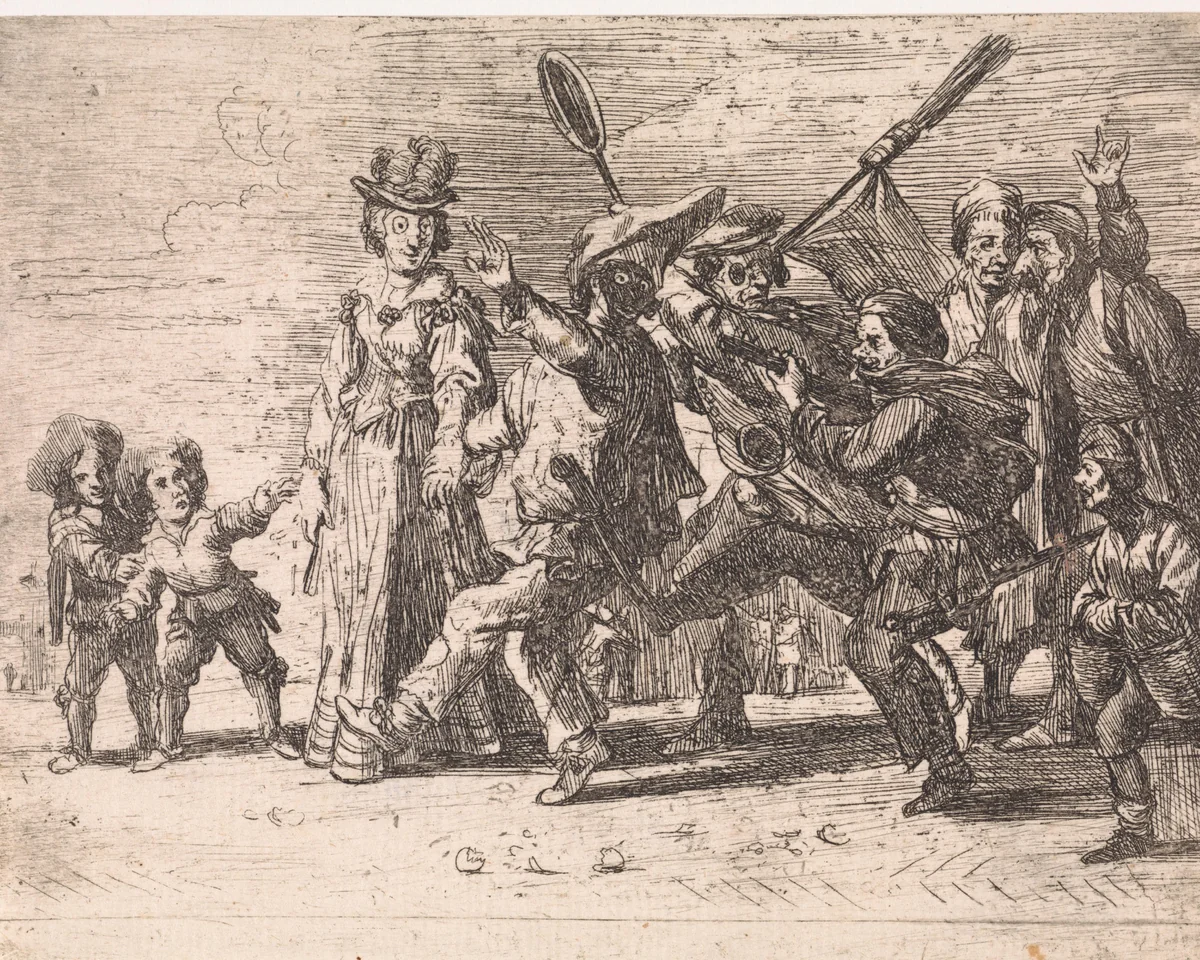 De maskerade by Cornelis de Wael, print, 1630-1648