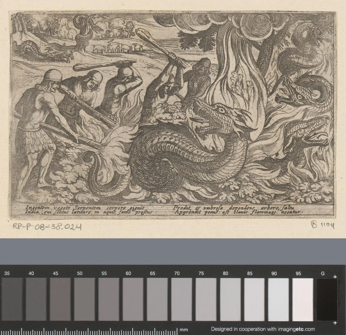 Strijders vechten met reuzenslangen by Antonio Tempesta, print, 1602