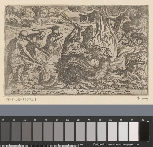 Strijders vechten met reuzenslangen by Antonio Tempesta, print, 1602