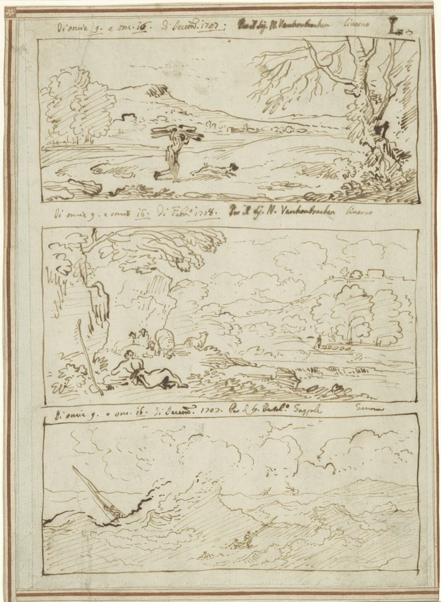 Ricordi van drie deurstukken met landschappen en een zee by Carlo Antonio Tavella, drawing, 1693-1708