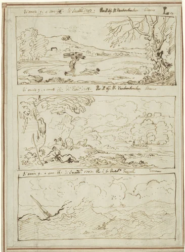 Ricordi van drie deurstukken met landschappen en een zee by Carlo Antonio Tavella, drawing, 1693-1708