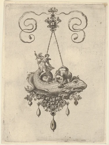 Pendant Design with a Fish Carrying Tobias and the Angel by Adriaen Collaert, print, 1582