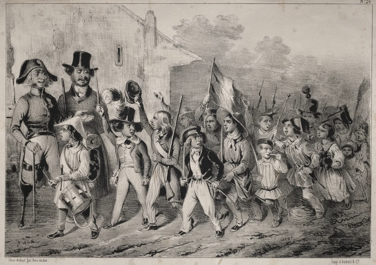 Actualités: Bon! Les moutards en veulent sussi! quand on parle de guerre! comme toute ca prend feu! ... On voit que c'est de la plante indigène!... ca promet!! by Clémente Pruche, print, 1840