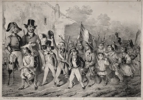 Actualités: Bon! Les moutards en veulent sussi! quand on parle de guerre! comme toute ca prend feu! ... On voit que c'est de la plante indigène!... ca promet!! by Clémente Pruche, print, 1840