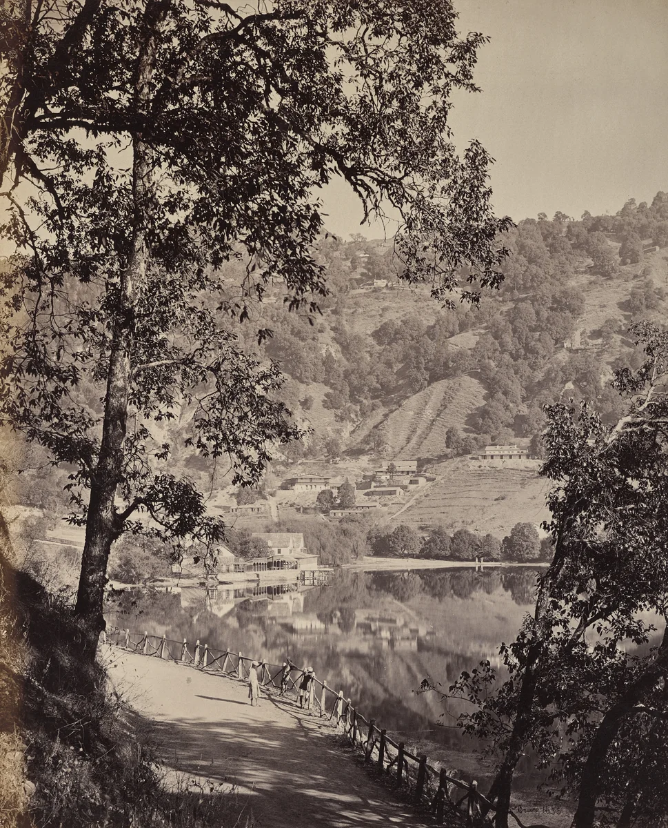 Hyree Lake. Hill Station in the Himmalayahs. View of the Taj Lake with Assembly Rooms, Lhutse by Samuel Bourne, photograph, 1863-1870