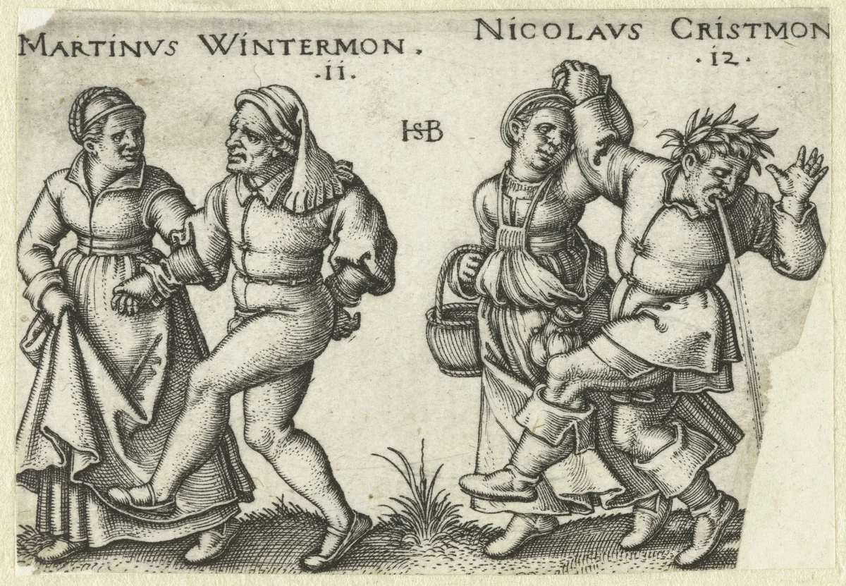 Dansende boerenparen, man geeft over by Unknown, print, 1546-1547