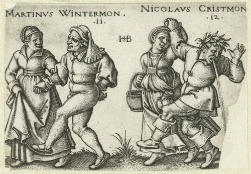 Dansende boerenparen, man geeft over by Unknown, print, 1546-1547