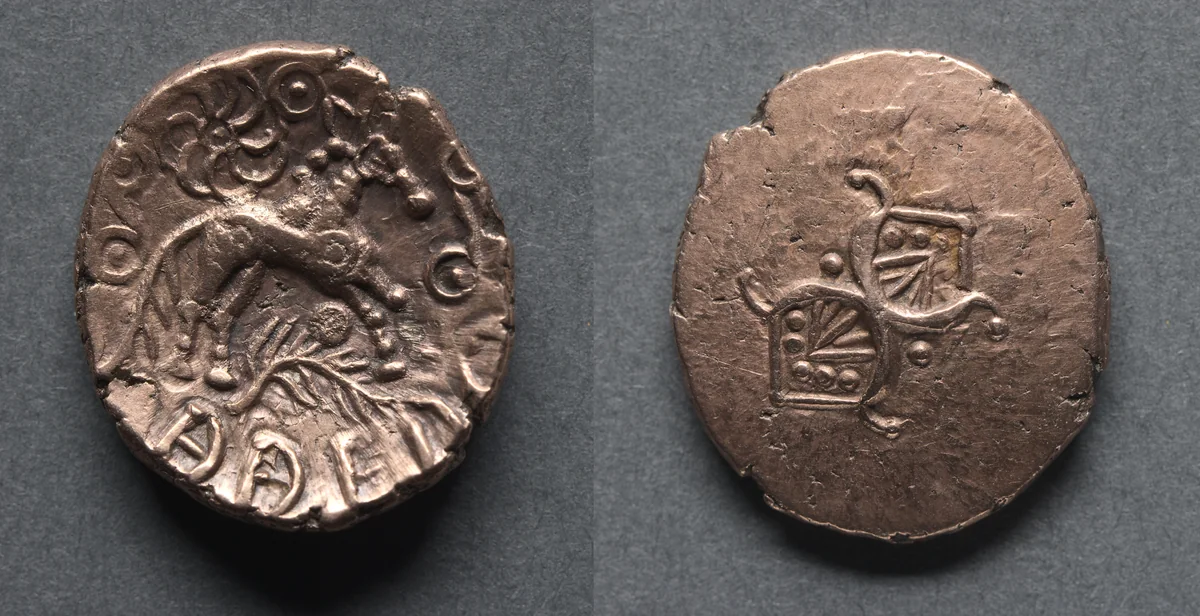 Addedomaros Stater: Crescents (obverse); Horse, Branch, and Spiral Sun (reverse) by Unknown, metalwork, -50-10