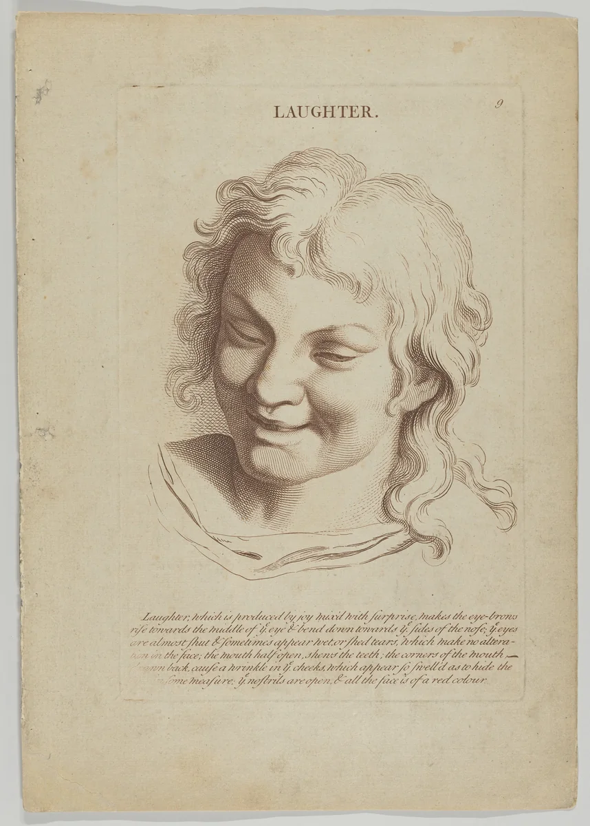 Laughter, plate 10 from "Heads Representing the Various Passions of the Soul; as they are Expressed in the Human Countenance: Drawn by that Great Master Monsieur Le Brun" by anonymous, print, 1765-1800