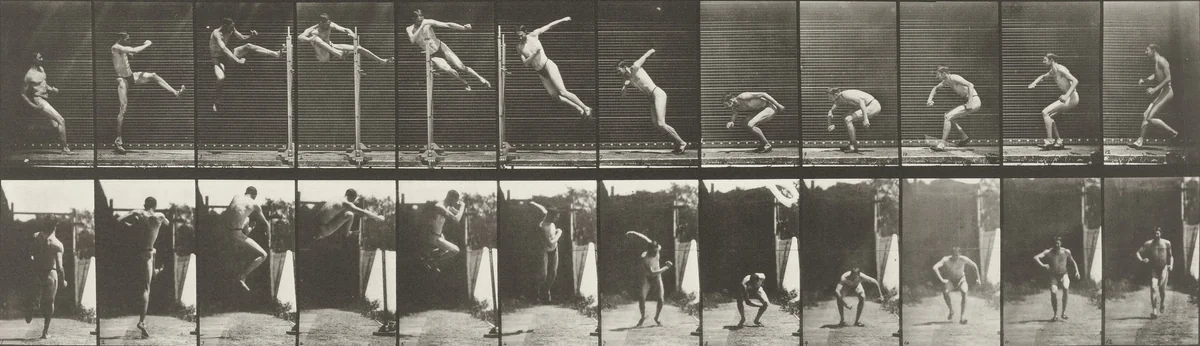 Man Jumping, Running Twist High Jump: Plate 158 from Animal Locomotion (1887) by Eadweard Muybridge, photograph, 1884