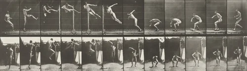 Man Jumping, Running Twist High Jump: Plate 158 from Animal Locomotion (1887) by Eadweard Muybridge, photograph, 1884