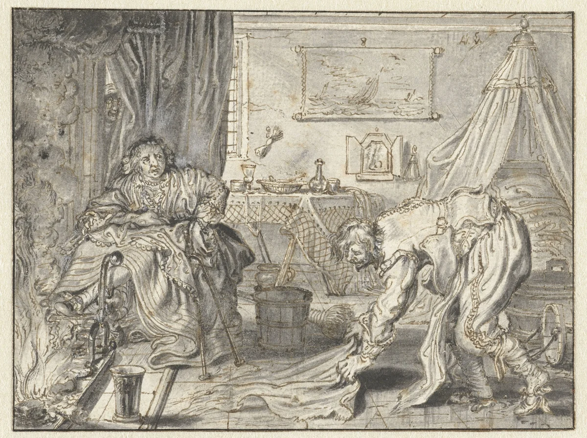 Man Cleaning the Floor while his Wife Sits by the Hearth by Adriaen Pietersz van de Venne, drawing, 1635