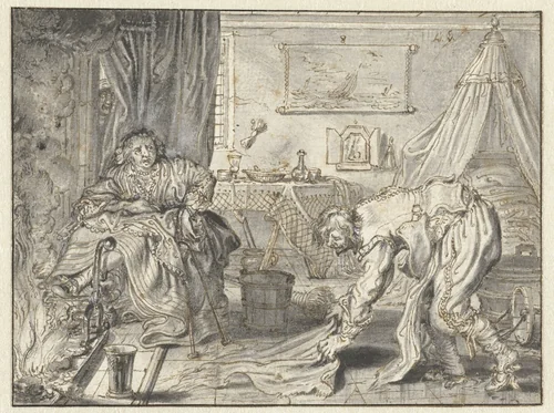 Man Cleaning the Floor while his Wife Sits by the Hearth by Adriaen Pietersz van de Venne, drawing, 1635