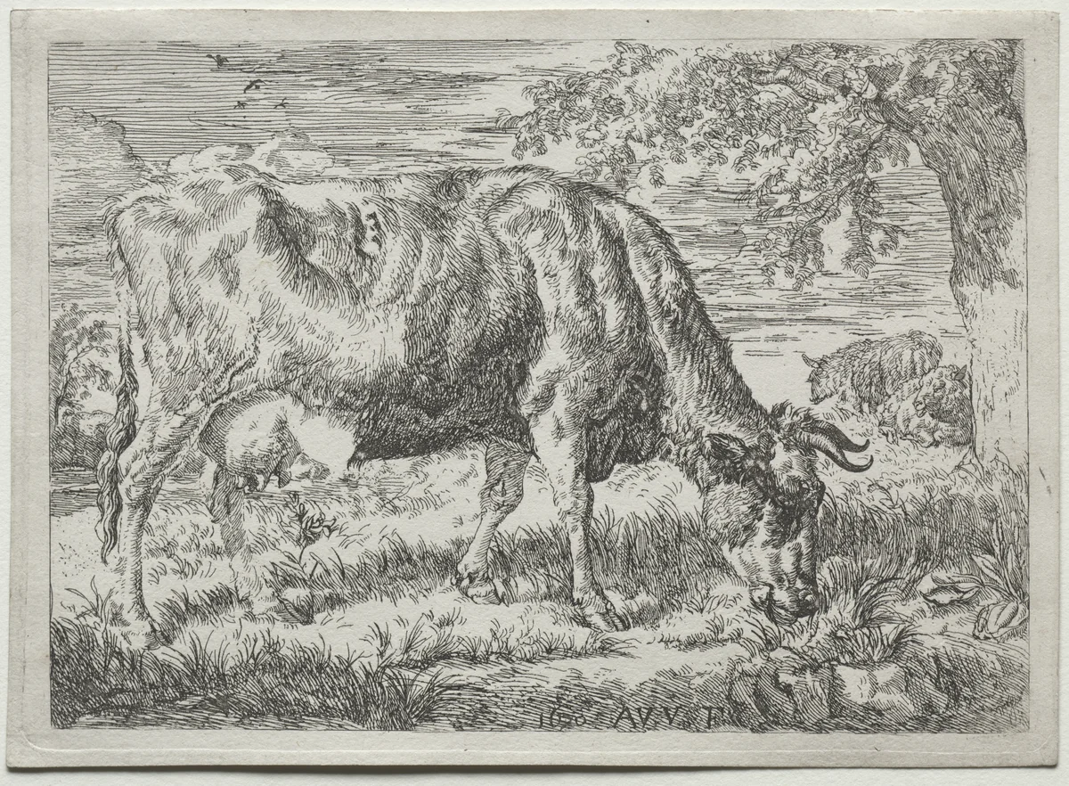 Cow and Two Sheep at the Foot of a Tree by Adriaen van de Velde, print, 1670