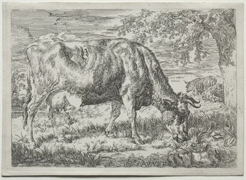 Cow and Two Sheep at the Foot of a Tree by Adriaen van de Velde, print, 1670