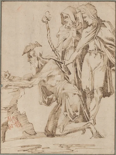 Kneeling Hermit and Two Draped Figures Contemplating a Skull by Giovanni Bandini, drawing, 1570-1579