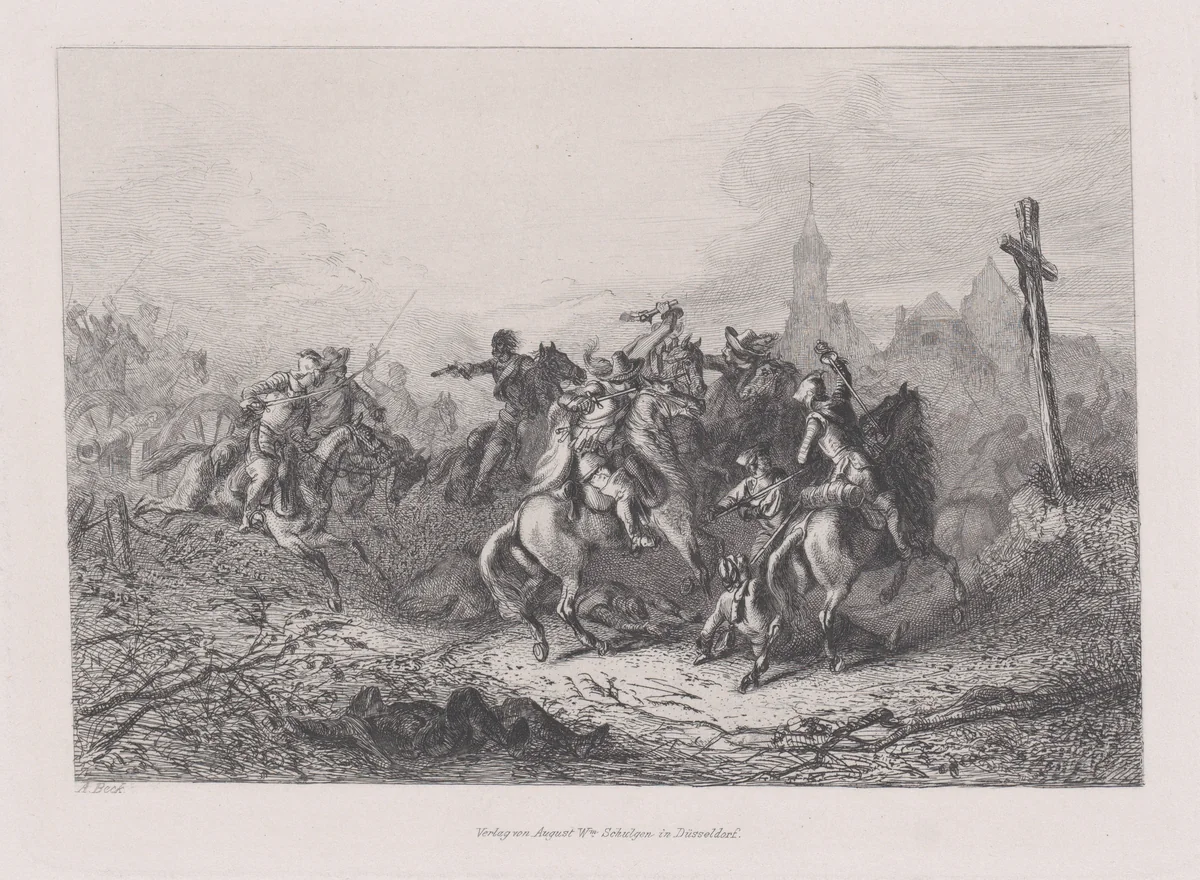 Military scene with a cross at right by August Beck, print, 1835-1865