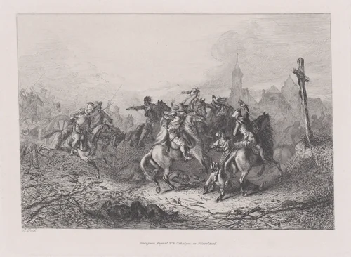 Military scene with a cross at right by August Beck, print, 1835-1865