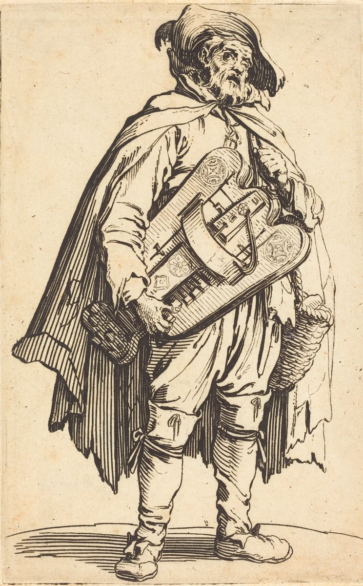 The Hurdy-Gurdy Player by Jacques Callot, print, 1622