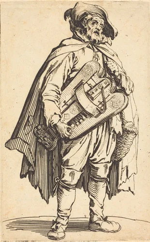 The Hurdy-Gurdy Player by Jacques Callot, print, 1622