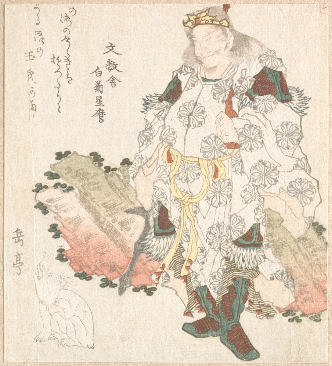 Prince Okuni (?) and a Hare by Yashima Gakutei (八島岳亭), print, 1819