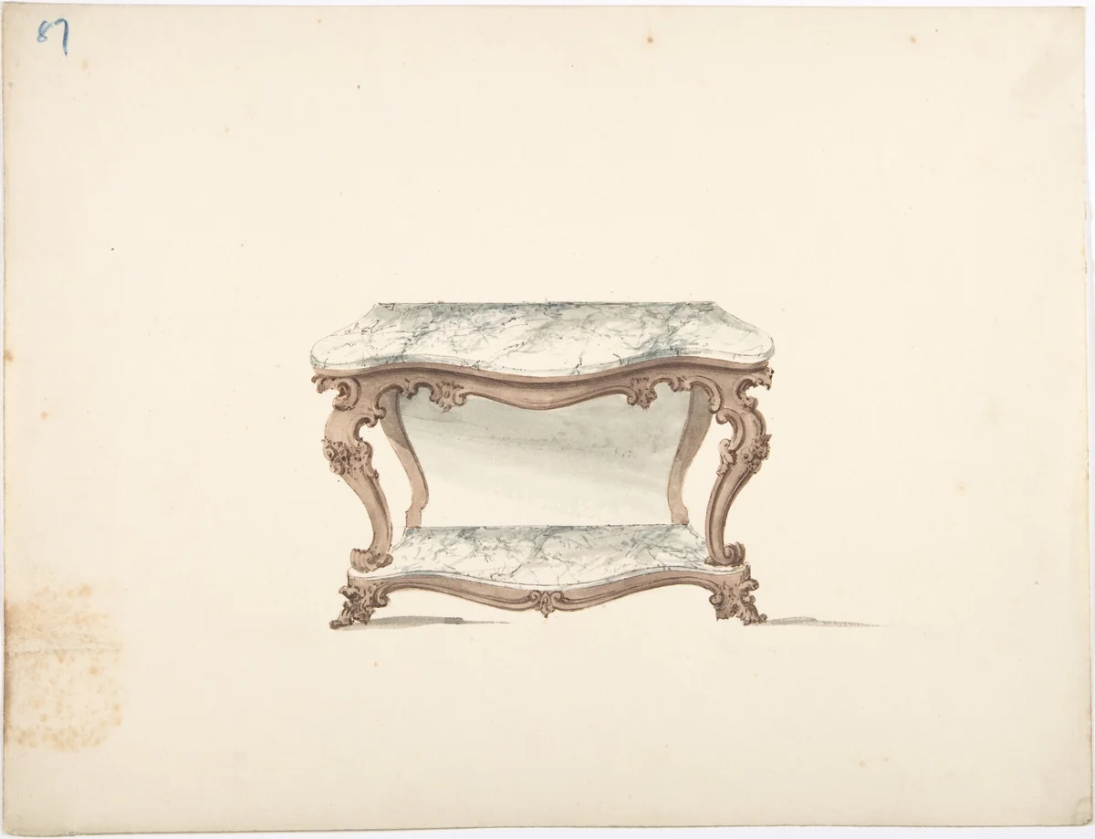 Design for a Marble Topped Table with a Marble Shelf by anonymous, drawing, 1800-1850