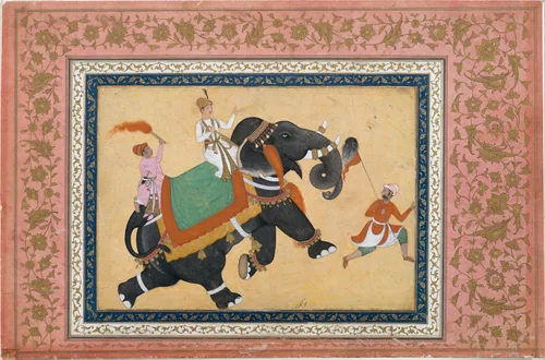 Prince Riding an Elephant by Khem Karan, manuscript, 1500-1699