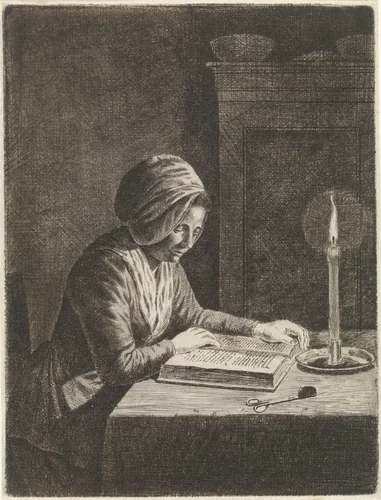 Donker vertrek met lezende vrouw by Johannes Christiaan Janson, print, 1778-1823