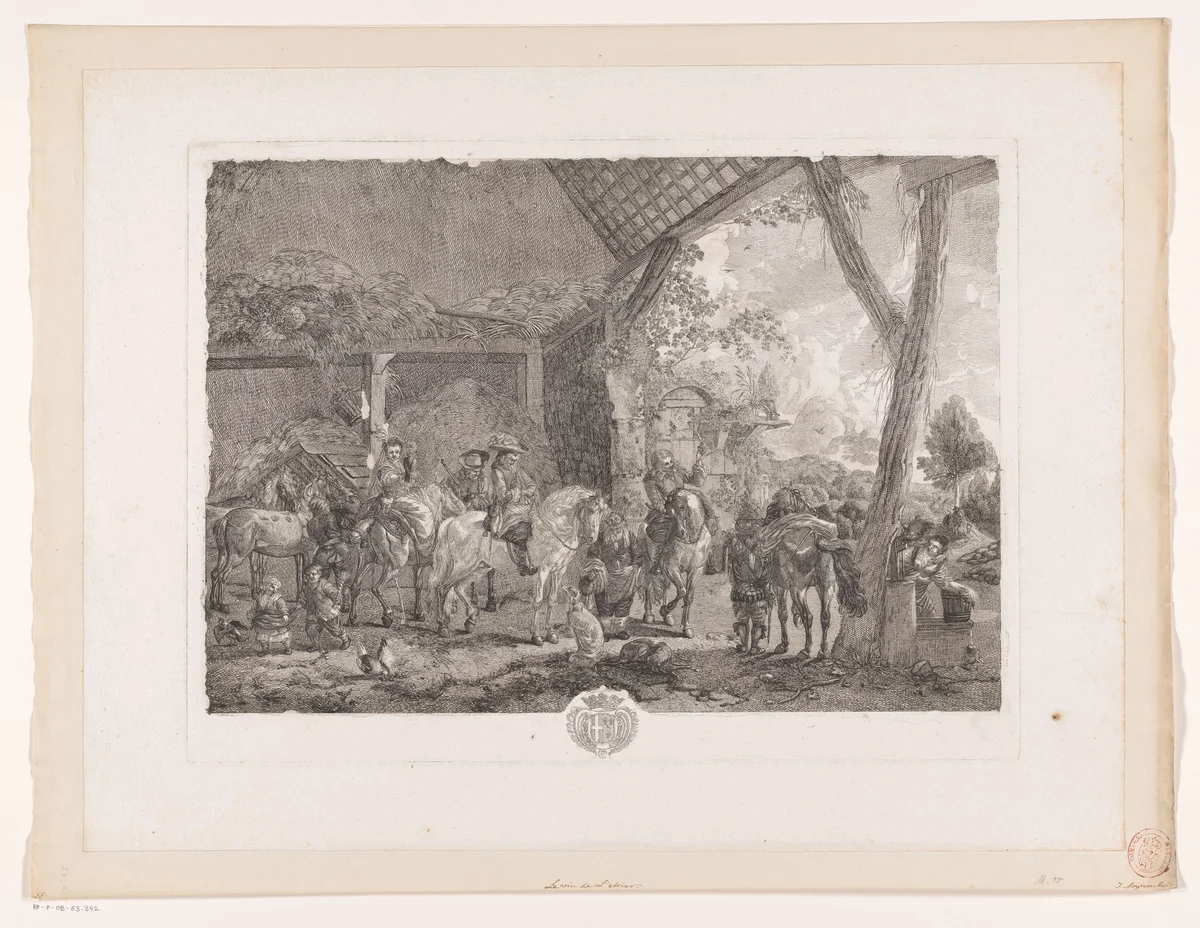 Jachtgezelschap, vertrekkend uit een stal by Jean Moyreau, print, 1739