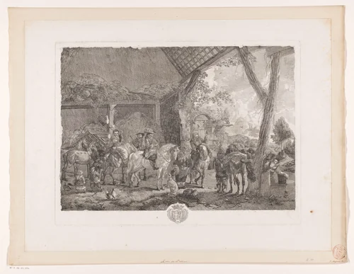 Jachtgezelschap, vertrekkend uit een stal by Jean Moyreau, print, 1739
