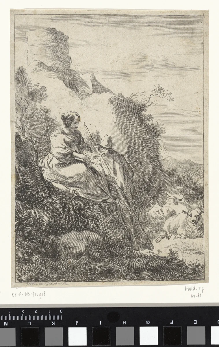 Op een heuvel zit een herderin en staat een herder by Jan de Visscher, print, 1643-1692