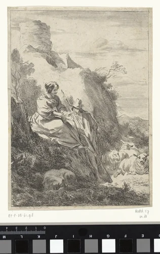 Op een heuvel zit een herderin en staat een herder by Jan de Visscher, print, 1643-1692