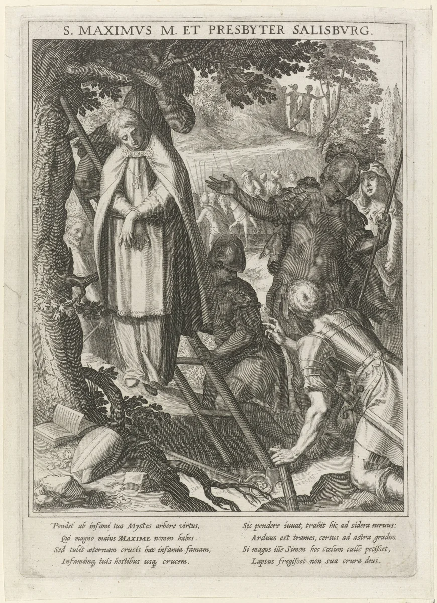 Ophanging van de heilige Maximus door de Herulen by Raphaël Sadeler, print, 1615