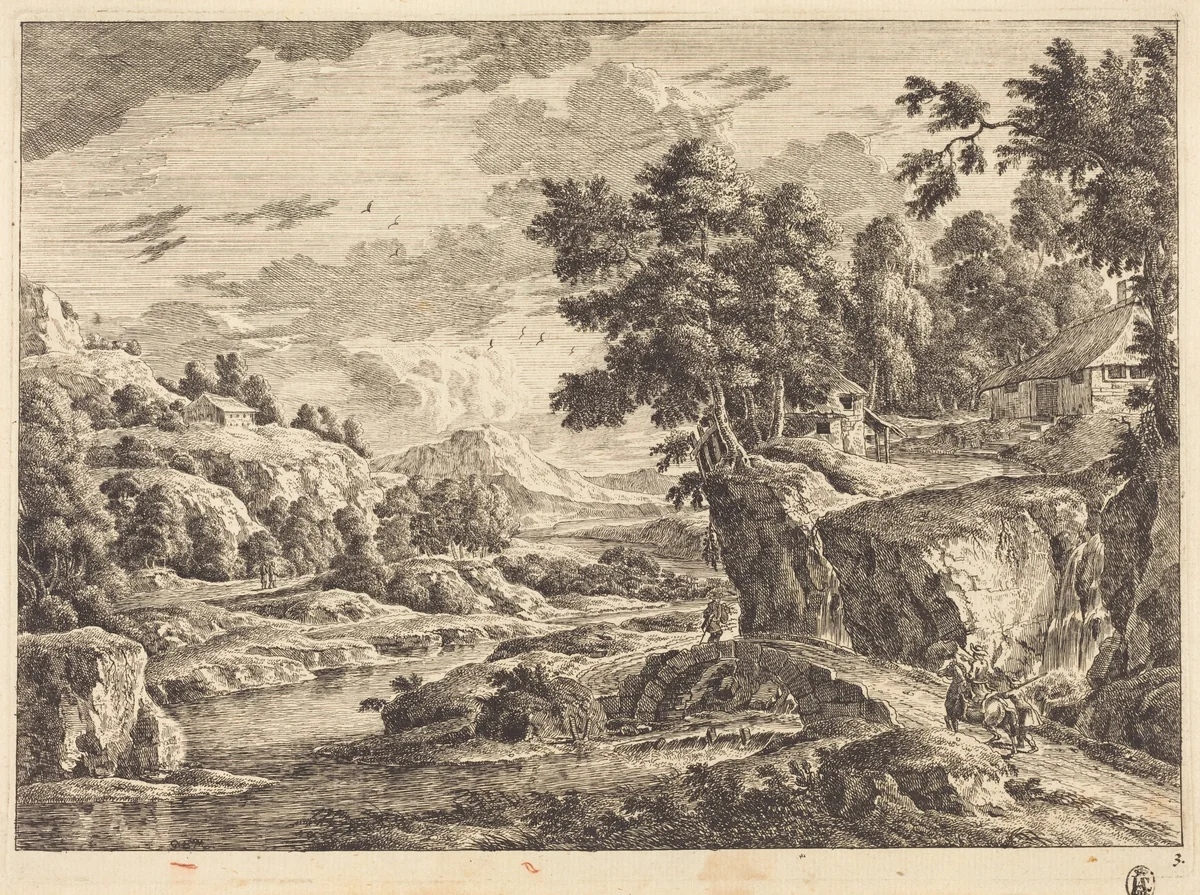 Landscape with a Bridge and Three Farm Buildings by Georg Eisenmann, print, 1719-1826