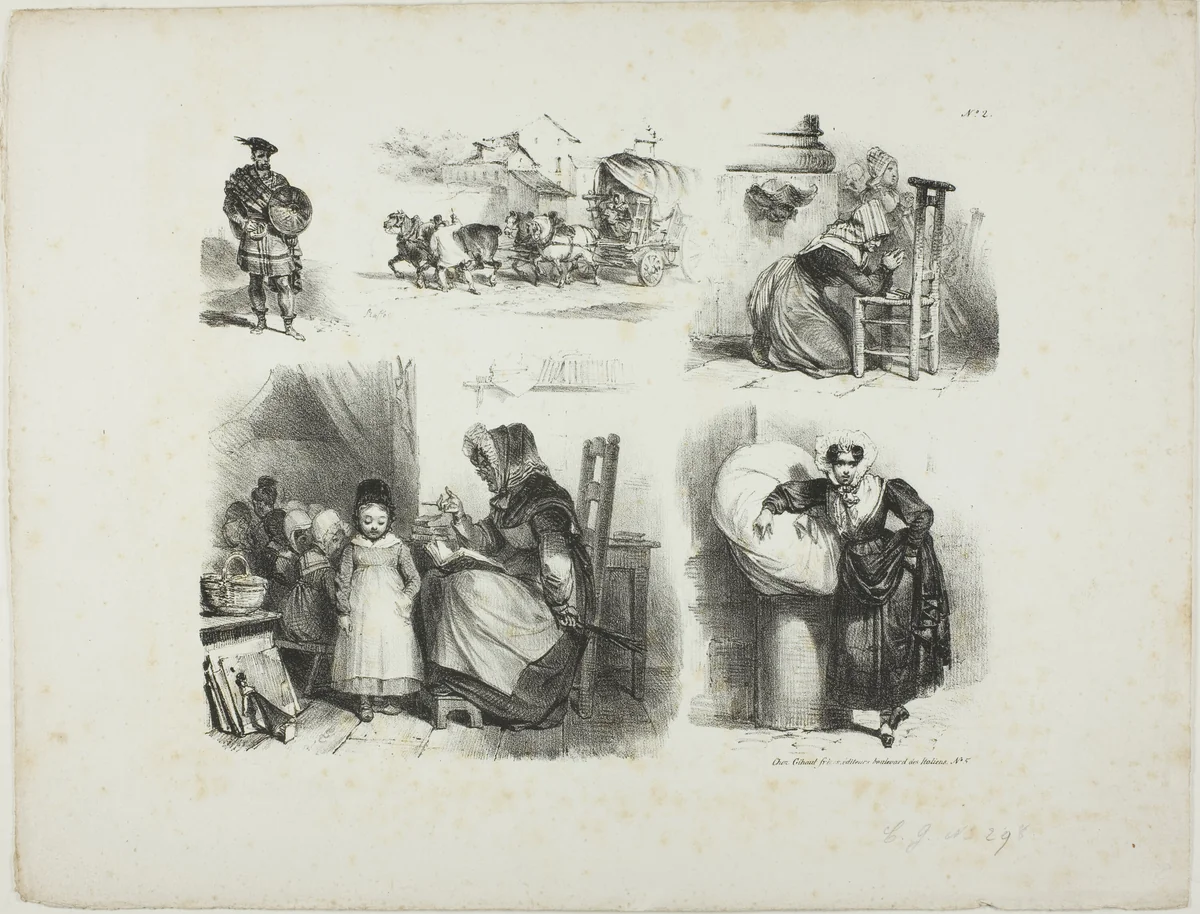 Sheet of Sketches by Denis Auguste Marie Raffet, print, 1828