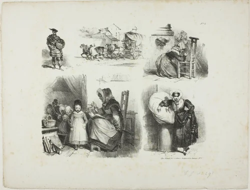 Sheet of Sketches by Denis Auguste Marie Raffet, print, 1828
