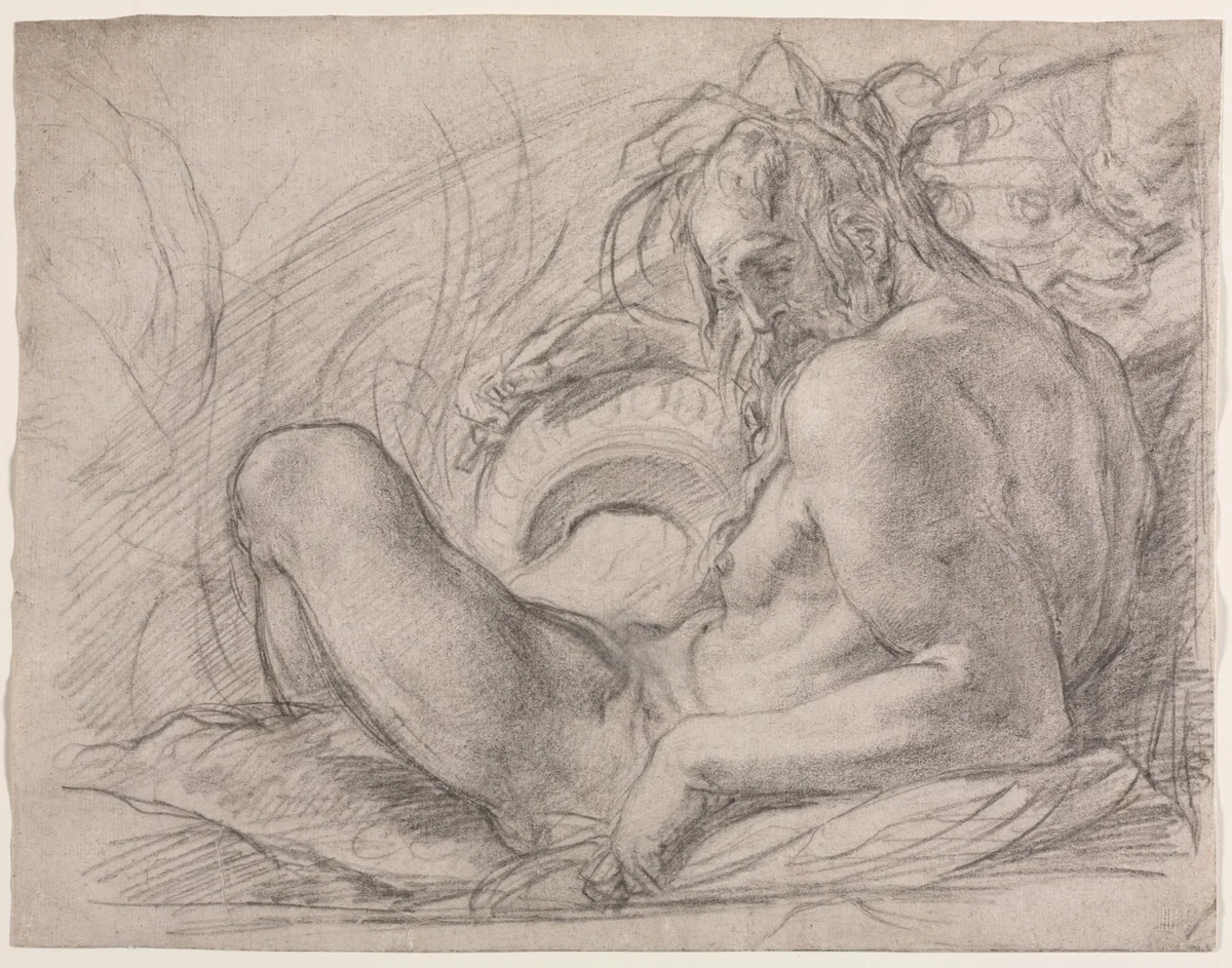 The River God Tiber (Study for a fresco, Miracle of the Snow, or the Foundation of Santa Maria Maggiore, Rome in the Canigiani chapel of S. Felicita, Florence) by Bernardino Poccetti, drawing, 1589